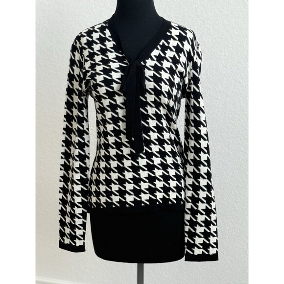 Brooks Brothers Women’s M Houndstooth V-neck Tie Merino Wool Blend Sweater - Picture 2 of 7